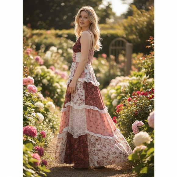 Altar'd State Dresses & Skirts - Altar'd State Floral Patchwork Maxi Dress Pink Lace Trim Cottagecore XS Romantic